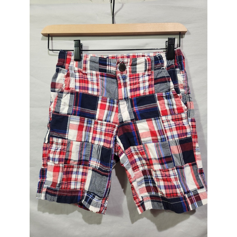 Gymboree Boys Sz 7 Patriotic‎ Red Blue Prep Shorts Plaid Patchwork 4th Of July
